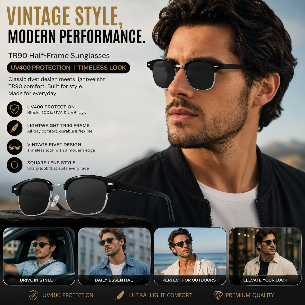 Vintage TR90 Half-Frame – UV400 Square Sunglasses