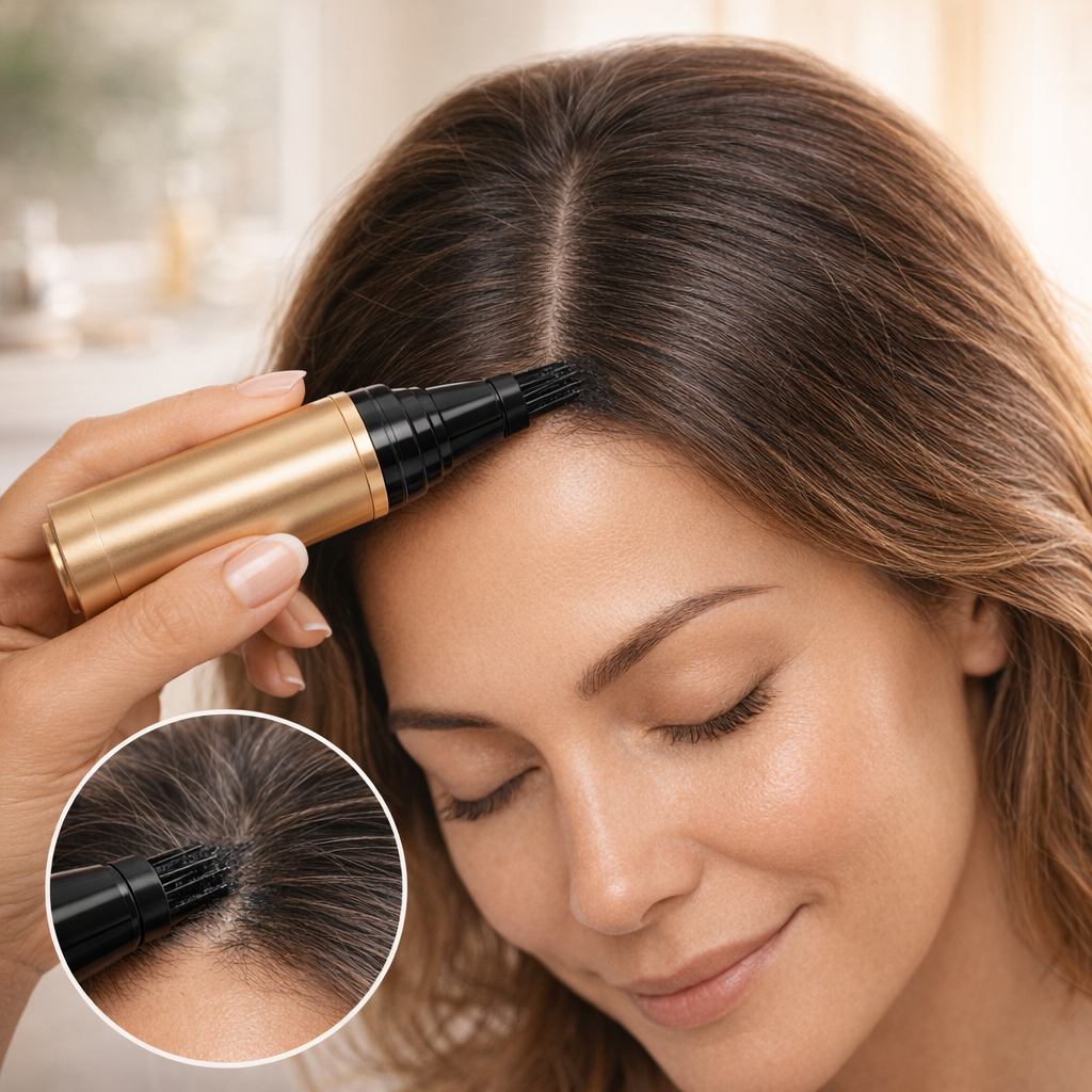 RootComb applicator gently applying dye at grey roots, close-up detail inset